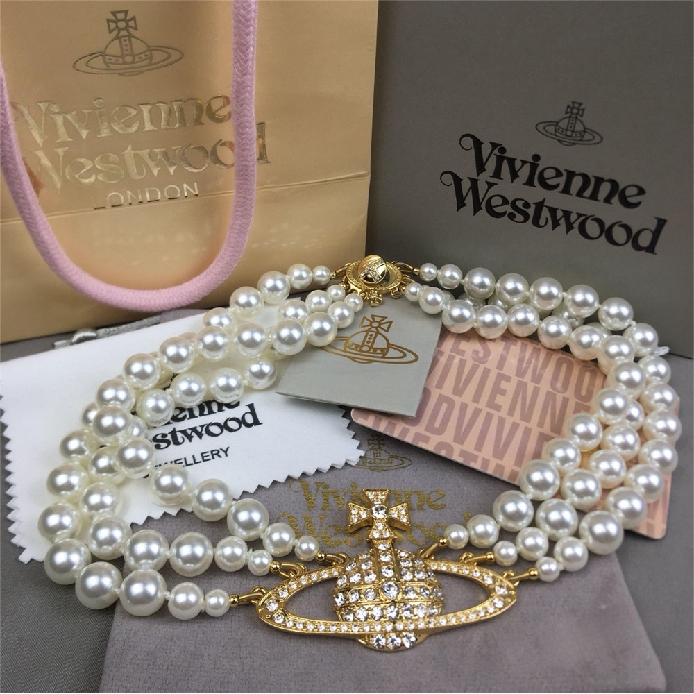 Vivienne Westwood Ivory Pearl Triple-Strand Choker Necklace with Gold Orb